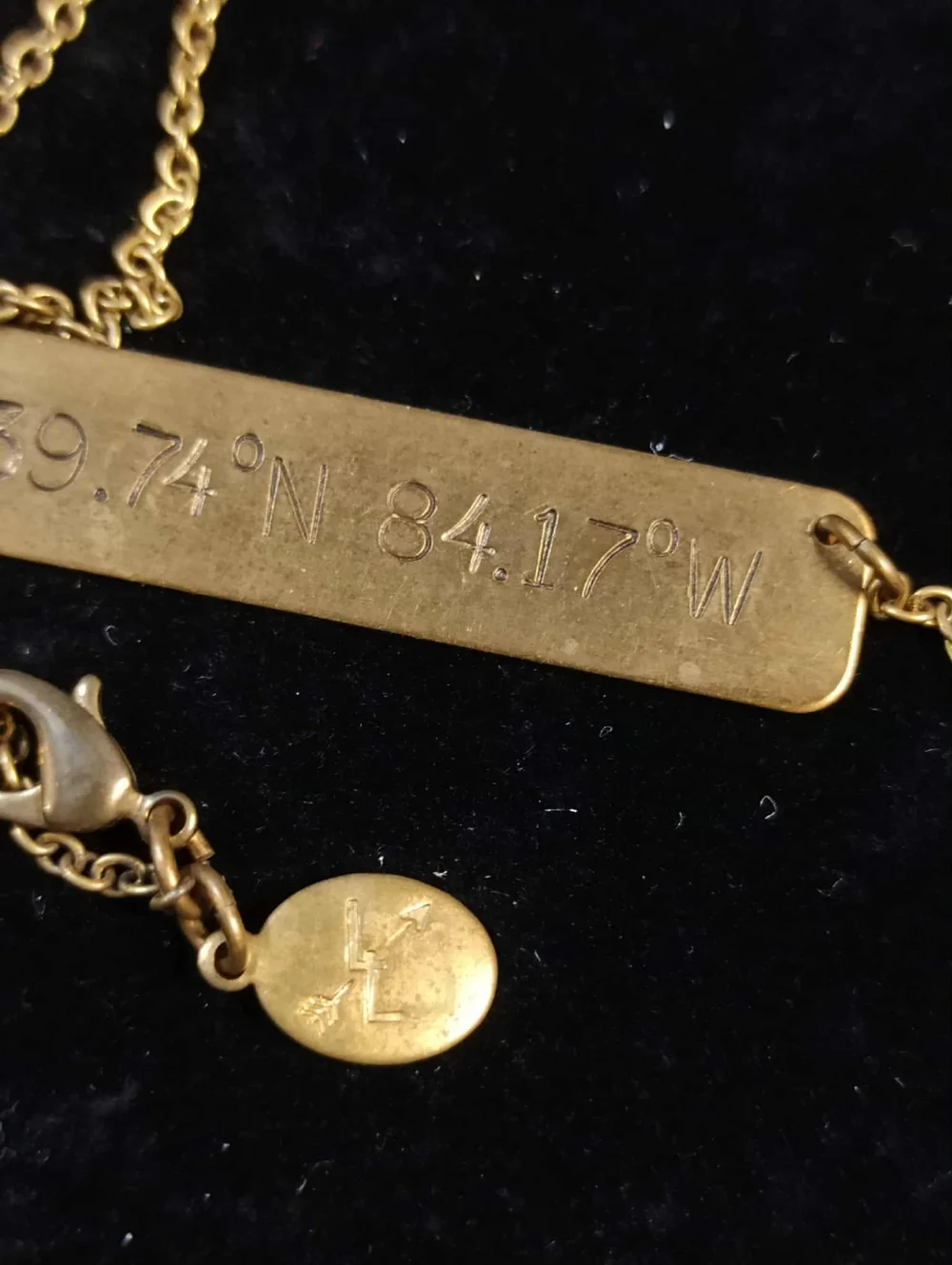 LARISSA LODEN gold tone coordinate bar necklace 39.74N 84.17W minimalist engrave